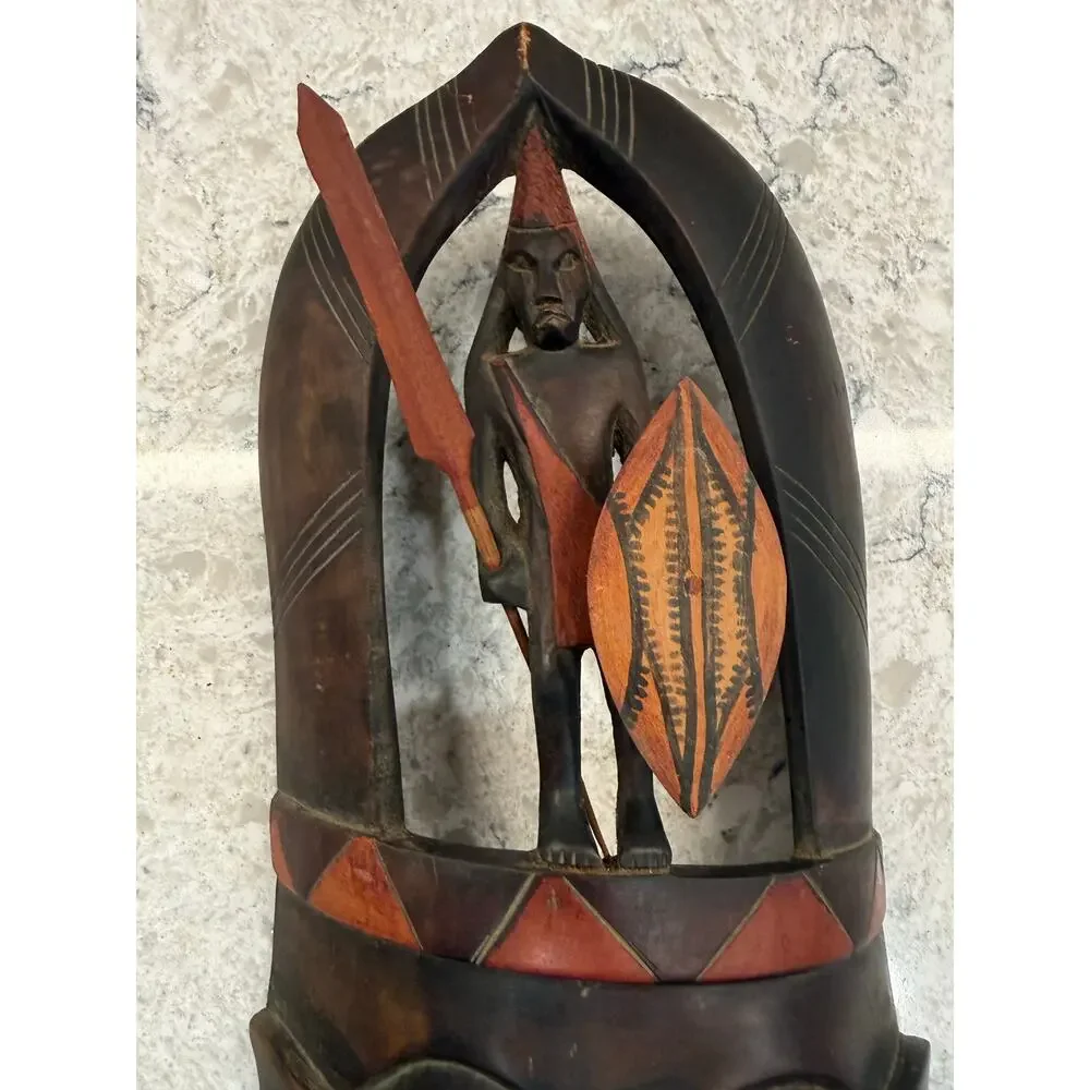Vintage African Hand Carved Wooden Mask Statue 18.5